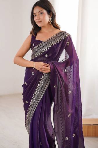 Purple ethnic motifs zari satin designer saree