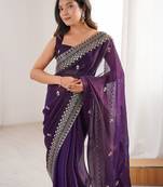Purple ethnic motifs zari satin designer saree