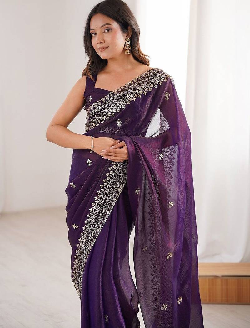 Purple ethnic motifs zari satin designer saree