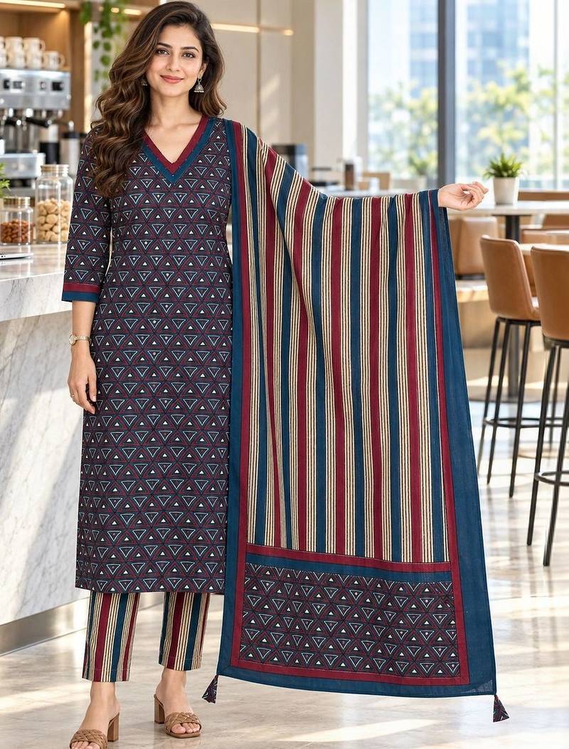 women printed regular  cotton kurta with trousers & with dupatta