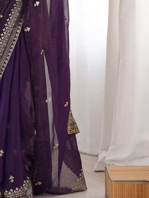 Purple ethnic motifs zari satin designer saree 5