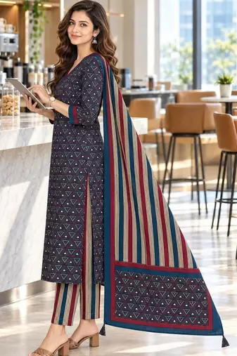 women printed regular  cotton kurta with trousers & with dupatta
