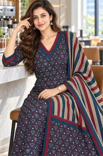 women printed regular  cotton kurta with trousers & with dupatta