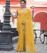 Yellow embellished mirror work  georgette saree