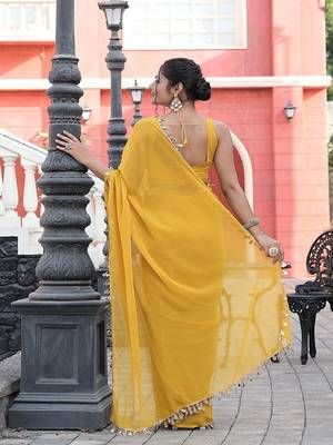 Yellow embellished mirror work  georgette saree 2