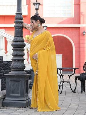 Yellow embellished mirror work  georgette saree 3