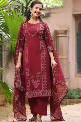 women ethnic motifs printed regular  cotton kurta with trousers & with dupatta