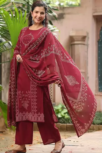 women ethnic motifs printed regular  cotton kurta with trousers & with dupatta