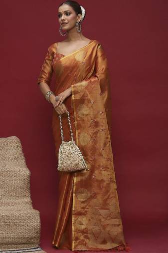 Orange ethnic motifs zari linen blend handloom banarasi saree