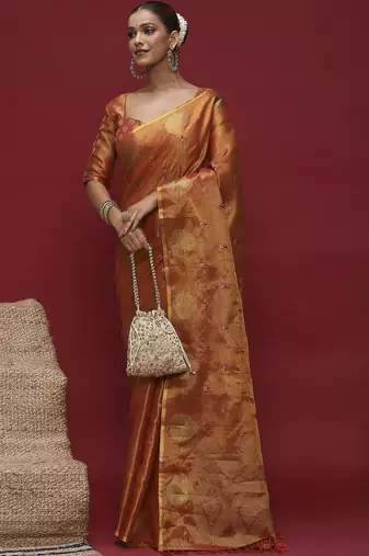 Orange ethnic motifs zari linen blend handloom banarasi saree
