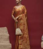 Orange ethnic motifs zari linen blend handloom banarasi saree