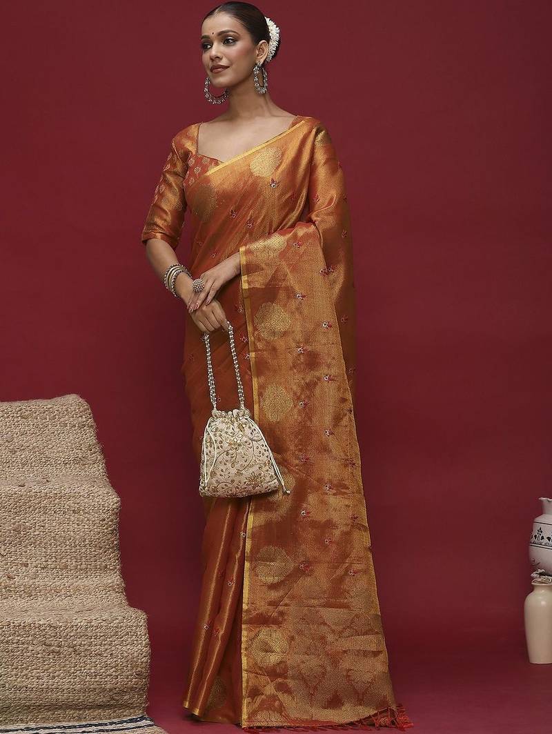 Orange ethnic motifs zari linen blend handloom banarasi saree