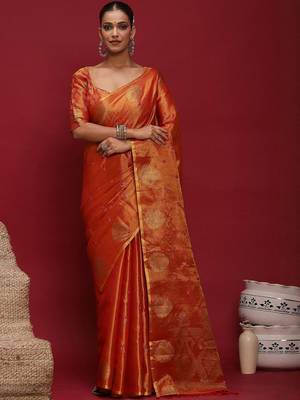 Orange ethnic motifs zari linen blend handloom banarasi saree 2