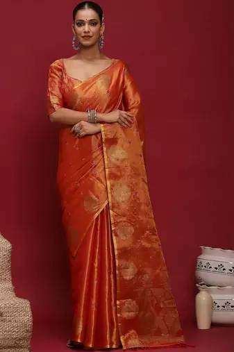 Orange ethnic motifs zari linen blend handloom banarasi saree