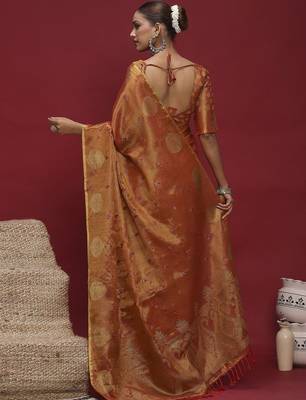 Orange ethnic motifs zari linen blend handloom banarasi saree 3