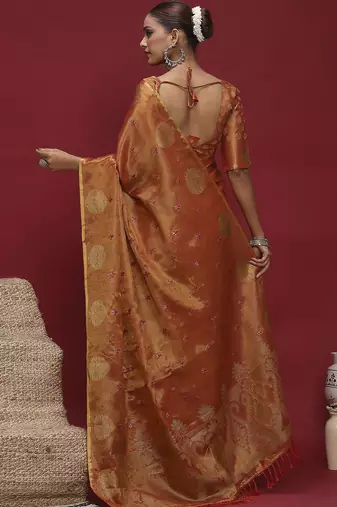 Orange ethnic motifs zari linen blend handloom banarasi saree