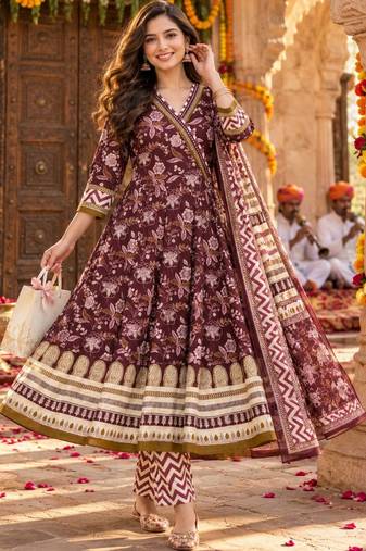 women floral printed angrakha  cotton kurta with trousers & with dupatta