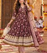 women floral printed angrakha  cotton kurta with trousers & with dupatta