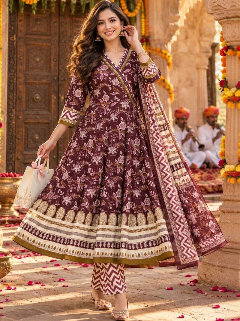 women floral printed angrakha  cotton kurta with trousers & with dupatta