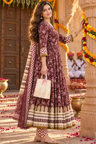 women floral printed angrakha  cotton kurta with trousers & with dupatta