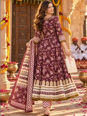 women floral printed angrakha  cotton kurta with trousers & with dupatta 3