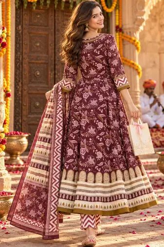 women floral printed angrakha  cotton kurta with trousers & with dupatta