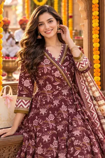 women floral printed angrakha  cotton kurta with trousers & with dupatta