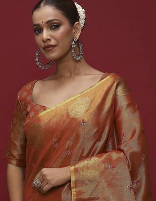 Orange ethnic motifs zari linen blend handloom banarasi saree 4