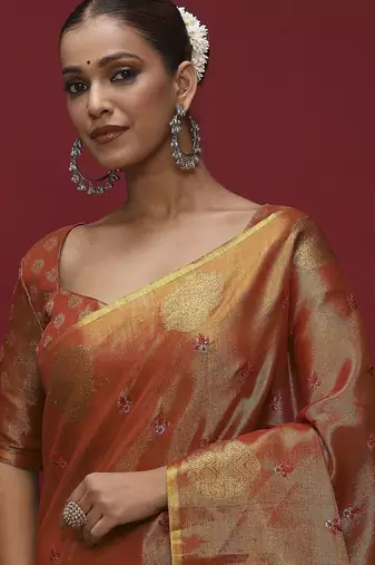 Orange ethnic motifs zari linen blend handloom banarasi saree