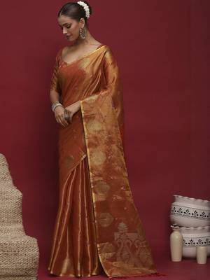 Orange ethnic motifs zari linen blend handloom banarasi saree 5