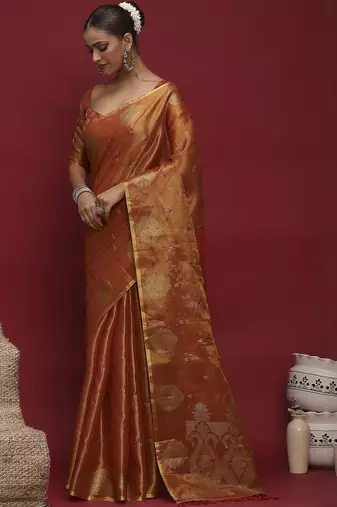 Orange ethnic motifs zari linen blend handloom banarasi saree