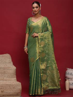 Green woven design zari linen blend heavy work banarasi saree 1