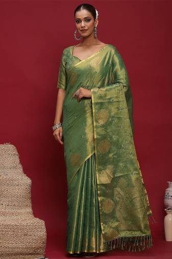 Green woven design zari linen blend heavy work banarasi saree