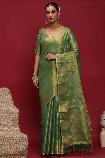 Green woven design zari linen blend heavy work banarasi saree