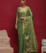 Green woven design zari linen blend heavy work banarasi saree