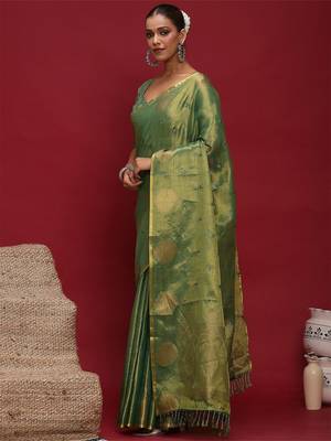Green woven design zari linen blend heavy work banarasi saree 2