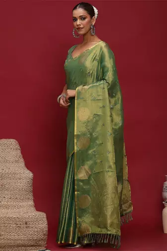 Green woven design zari linen blend heavy work banarasi saree