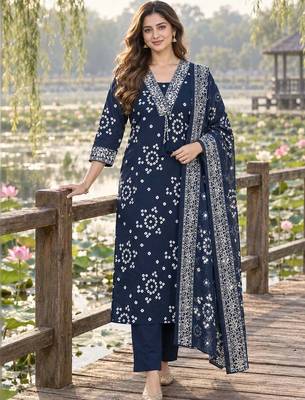 women ethnic motifs printed regular mirror work  cotton kurta with trousers & with dupatta 1