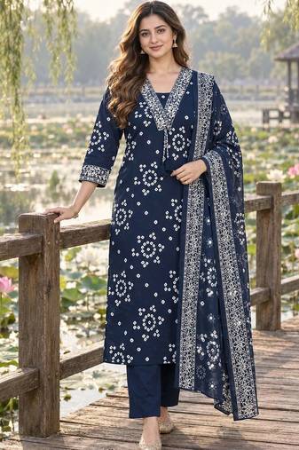 women ethnic motifs printed regular mirror work  cotton kurta with trousers & with dupatta