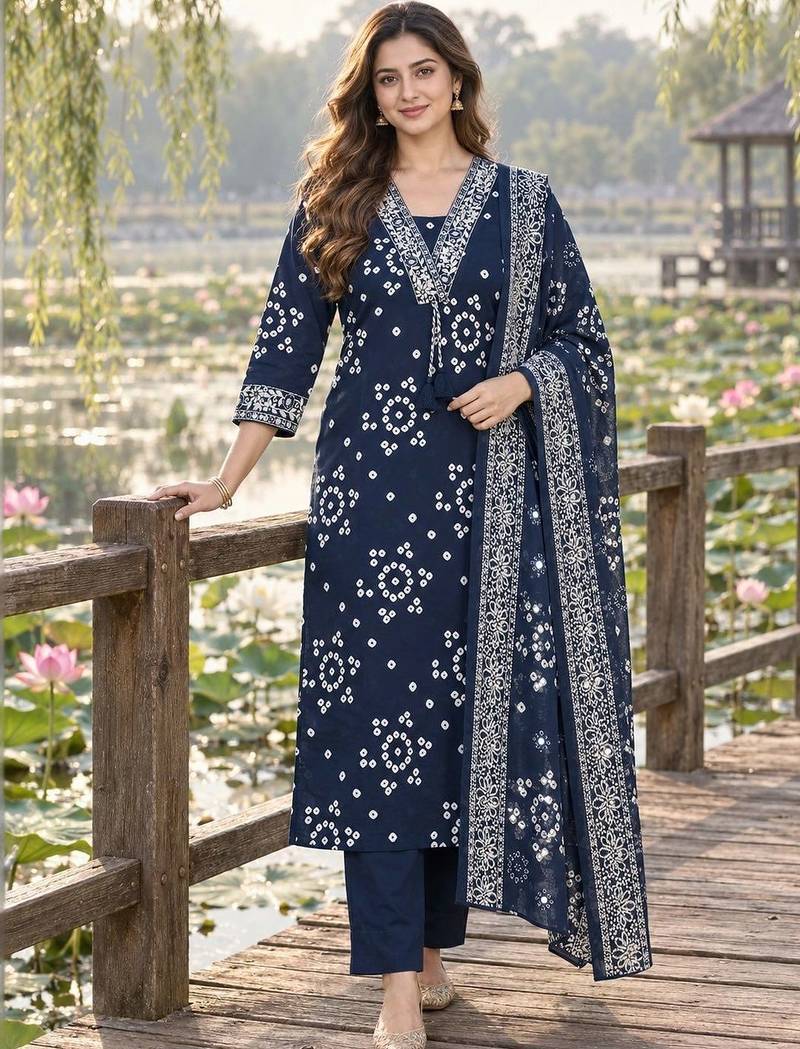 women ethnic motifs printed regular mirror work  cotton kurta with trousers & with dupatta