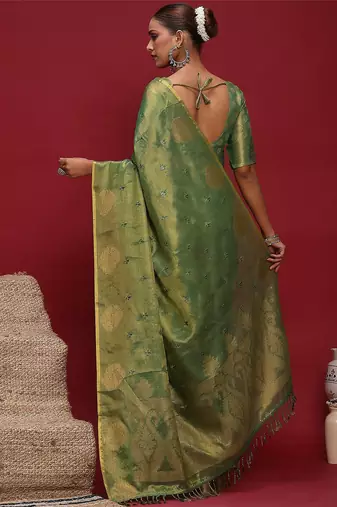 Green woven design zari linen blend heavy work banarasi saree