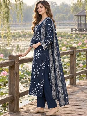 women ethnic motifs printed regular mirror work  cotton kurta with trousers & with dupatta 2