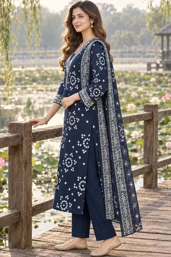 women ethnic motifs printed regular mirror work  cotton kurta with trousers & with dupatta