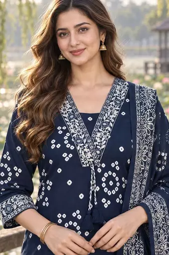 women ethnic motifs printed regular mirror work  cotton kurta with trousers & with dupatta