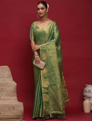 Green woven design zari linen blend heavy work banarasi saree 4