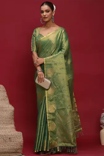 Green woven design zari linen blend heavy work banarasi saree