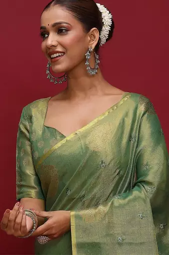 Green woven design zari linen blend heavy work banarasi saree