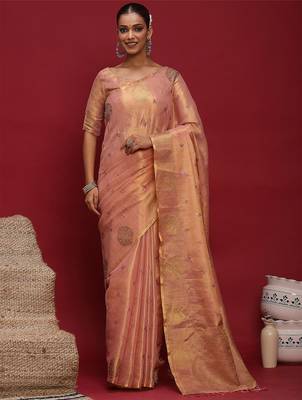 Pink women ethnic motifs sequinned linen blend designer banarasi saree 1