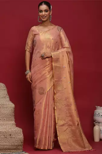 Pink women ethnic motifs sequinned linen blend designer banarasi saree