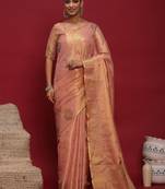 Pink women ethnic motifs sequinned linen blend designer banarasi saree